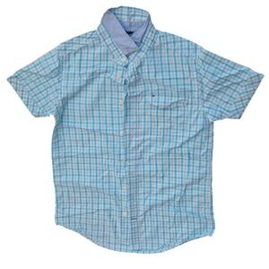 Tommy Hilfiger Boys Button Down Shirt sz L 16/18 Blue White Gingham Short Sleeve